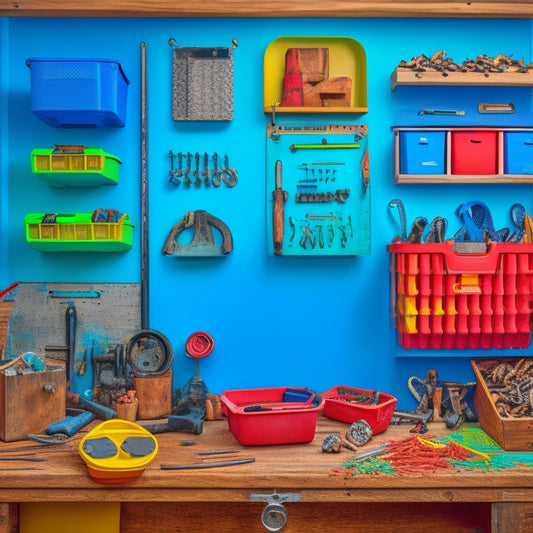 A colorful, well-organized workshop with various wrenches suspended from a pegboard, stored in labeled bins, and hung from a toolbox, surrounded by a clean, wooden workbench and a few scattered nuts and bolts.