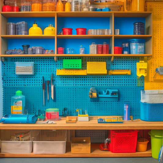 A tidy, compact workshop with a pegboard wall, a rolled-up tool mat on a retractable reel, and a transparent storage bin labeled with a color-coded sticker system.