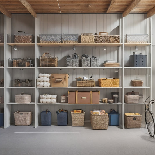 A well-lit, clutter-free garage with 7 shelves of varying heights, each showcasing a unique organization system, including baskets, bins, and hooks, amidst a neutral-colored background with a faint grid pattern.