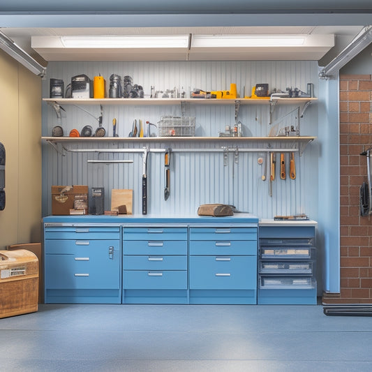 A clutter-free garage with a sleek, silver compact tool cabinet against a gray wall, surrounded by neatly organized tools and a few scattered workpieces, with a faint grid pattern on the floor.
