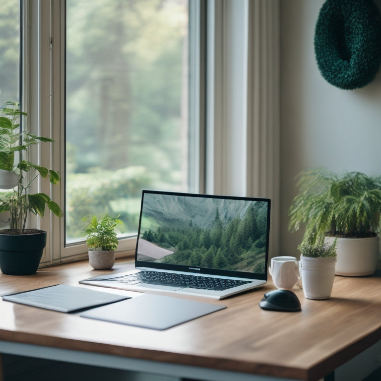 A serene, minimalist workspace with a laptop and a few, neatly organized files, surrounded by a subtle background of calming greenery, with a faint, blurred image of cluttered desks in the distance.