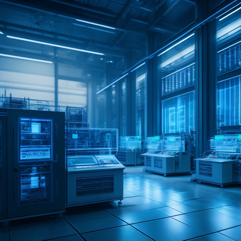 A futuristic factory floor with sleek machinery, glowing blue circuits, and minimalist workstations, surrounded by transparent screens displaying real-time data and 3D models, amidst a backdrop of blurred cityscape.