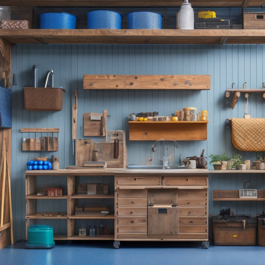 A clutter-free workshop with a pegboard adorned with hanging tools, a repurposed wooden crate shelving unit, and a DIY sliding storage bin system made from an old pallet.