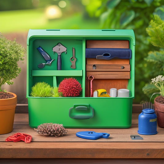 A clutter-free toolbox with a small, wall-mounted key organizer featuring labeled hooks and a compact key safe, surrounded by neatly arranged gardening tools and a blurred green landscape background.
