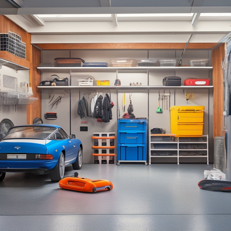 A bright, organized garage with a sleek, silver sports car parked in the center, surrounded by neatly labeled storage bins, hooks, and a pegboard with hung tools.