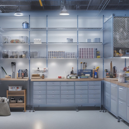 A clutter-free workshop with a modular storage system featuring sleek, silver cabinets, labeled drawers, and a pegboard with neatly organized tools and accessories, illuminated by bright overhead lighting.