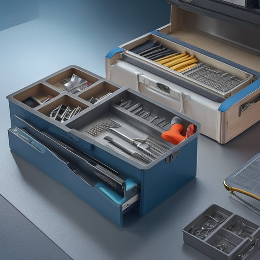 A clutter-free tool box interior with multiple removable trays in various sizes, each containing neatly arranged hand tools, fasteners, and small parts, surrounded by a sleek metal frame and soft-close drawers.