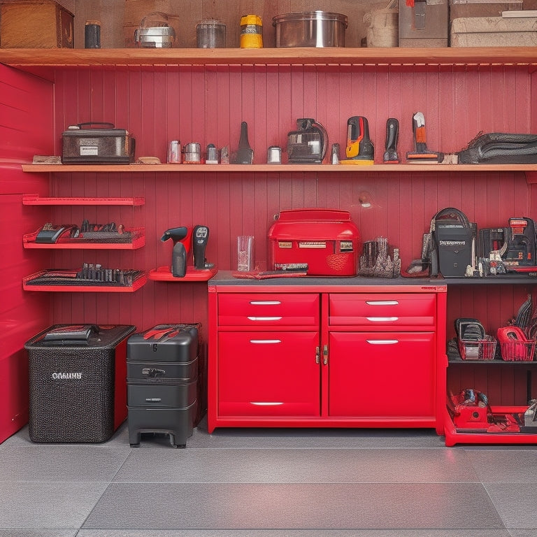 A clutter-free garage corner with a sleek, red, and black metal tool box on wheels, surrounded by neatly organized power tools, gardening equipment, and a few DIY project materials.