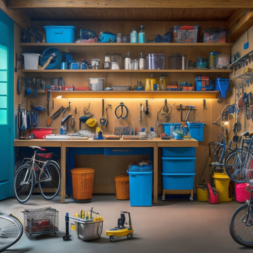 A cluttered garage transforms into an organized space with 7 labeled zones: tools on pegboards, bicycles suspended from the ceiling, bins on shelves, and a workbench with a vice, surrounded by a clean floor.