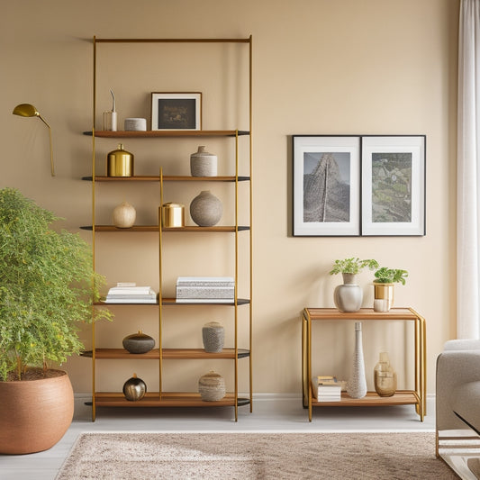 A minimalist living room featuring a floor-to-ceiling wall hanging shelving unit with wooden slats and metallic frames, holding decorative vases, books, and framed art pieces, against a soft beige background.