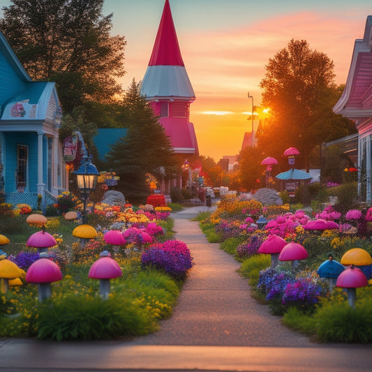 A whimsical streetscape of Dawson, Minnesota, overrun with gnomes of various sizes and colors, amidst vibrant flowers, lanterns, and oversized mushrooms, with a warm, sunset-lit atmosphere.