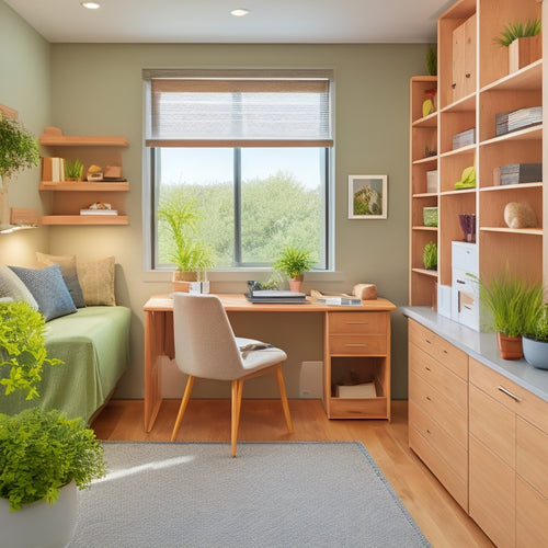 A clutter-free room with a murphy bed, floating shelves, and a compact desk with a built-in planter, surrounded by natural light and calm colors, conveying a sense of serenity and organization.