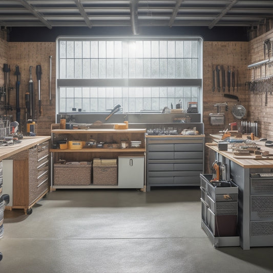 A clutter-free workshop with a stainless steel tool box organizer in the center, surrounded by neatly arranged hand tools, power tools, and storage bins, with a subtle hint of natural light.