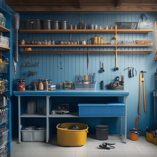 A tidy garage with a pegboard adorned with neatly hung tools, a slatwall with bins and baskets, and a workbench with a built-in vice and a few organized drawers.