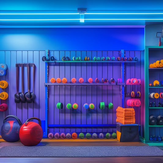 A well-lit, modern home gym with a large, wall-mounted metal pegboard displaying an array of colorful resistance bands, dumbbells, and kettlebells, organized by type and size.