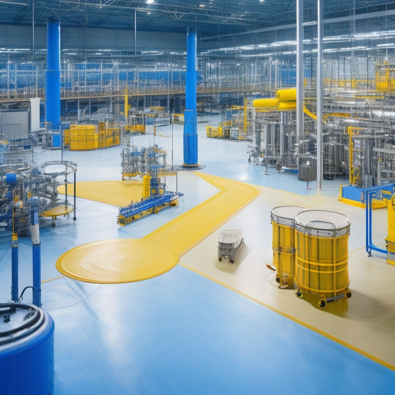 A large, industrial factory floor with a yellow, self-latching spill containment berm in the center, surrounded by drums, pipes, and machinery, with a subtle gradient of blue and white tones.