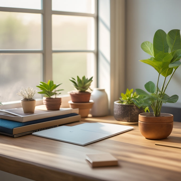 A tidy, minimalist workspace with a wooden desk, a single, potted plant, and a few, carefully placed office supplies, surrounded by a calm, neutral-colored background with natural light filtering in.