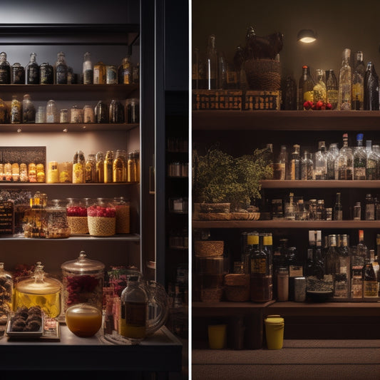 A split-screen image featuring a cluttered, dimly lit store shelf on the left, contrasted with a well-organized, brightly lit shelf on the right, showcasing a curated product mix with diverse items.