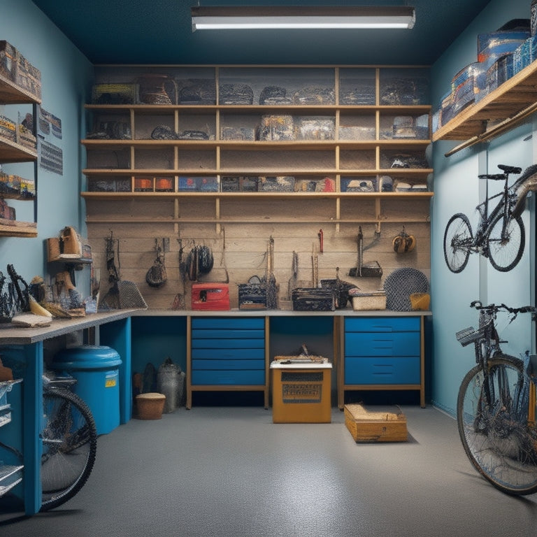 A cluttered garage with a narrow aisle between shelves, a sleek metal tool chest (40" wide, 20" deep, 5 drawers) fits snugly against the wall, surrounded by hanging bikes and tools.