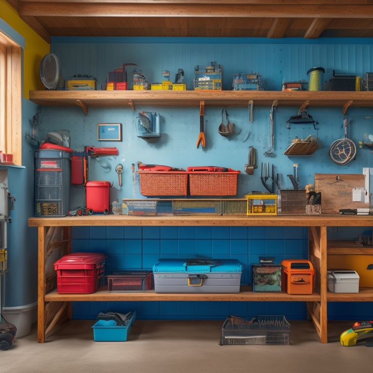 A clutter-free garage or workshop with a pegboard on the wall, organized rows of HVAC tools, and a few labeled bins and baskets on shelves, with a toolbox in the corner.