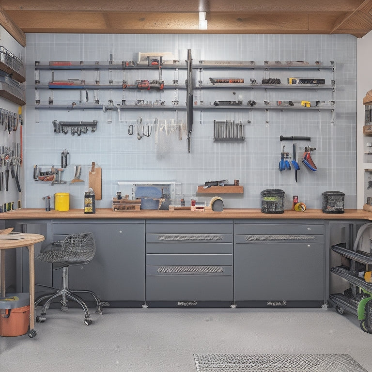 A clutter-free garage with a prominent, sleek, and black tool cabinet with chrome handles, surrounded by organized workbenches, pegboards, and a few strategically placed power tools.