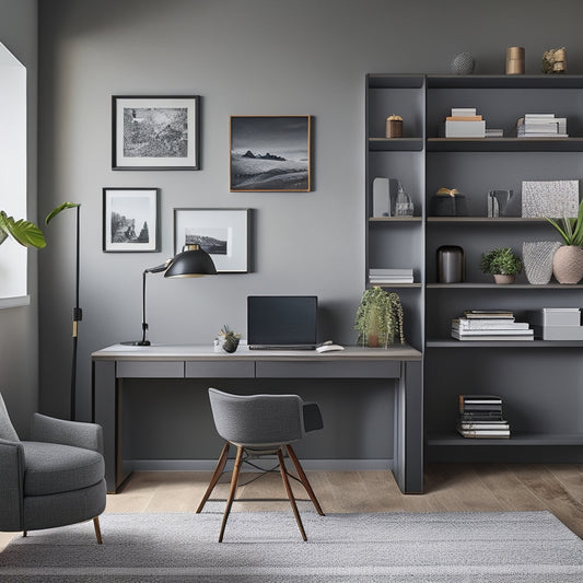 A modern home office with a sleek, gray desk and ergonomic chair, featuring three distinct wall-mounted storage shelves with varying designs, materials, and decorative items.