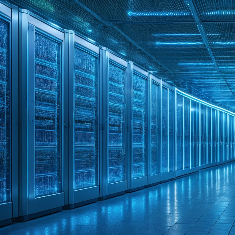 A futuristic data center with rows of sleek, silver servers humming with blue LED lights, surrounded by transparent glass walls and a maze of fiber optic cables, amidst a dark background.