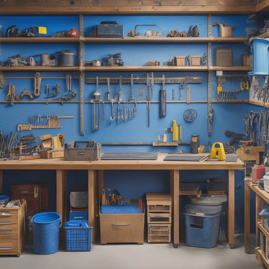 A cluttered workshop with scattered tools transforms into an organized space with compact storage solutions: pegboards, tool chests, and labeled bins, featuring a central workstation with a neatly arranged hammer, tape measure, and pliers.