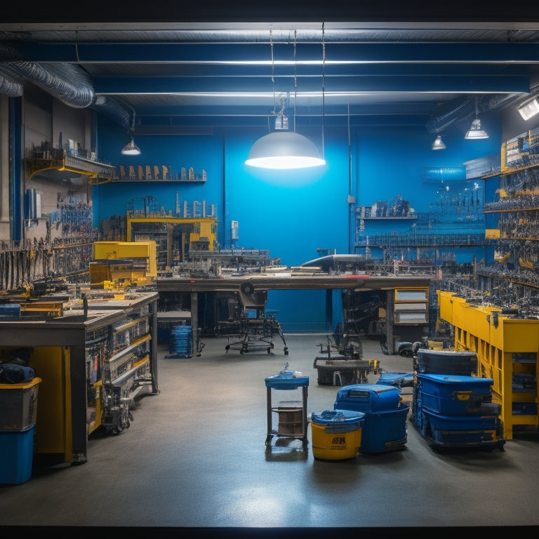 A vibrant, modern workshop filled with rows of neatly organized tools and machinery, with a large, illuminated "BRIGHTS" logo on the wall, surrounded by DIY projects in various stages of completion.