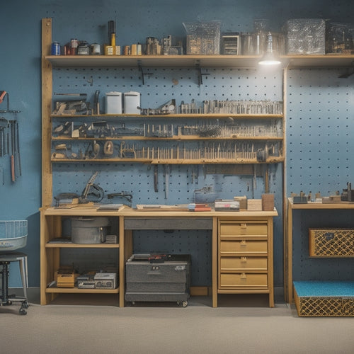 A well-organized workshop with a pegboard on the wall, holding various power tools, and a rolling cabinet with drawers and a top shelf, surrounded by a clean and clutter-free floor.