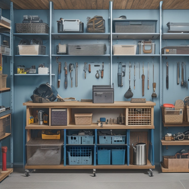 A clutter-free workshop with a wall-mounted pegboard, hooks, and baskets, surrounded by neatly arranged hand tools, power tools, and storage bins, with a rolling cabinet in the center.