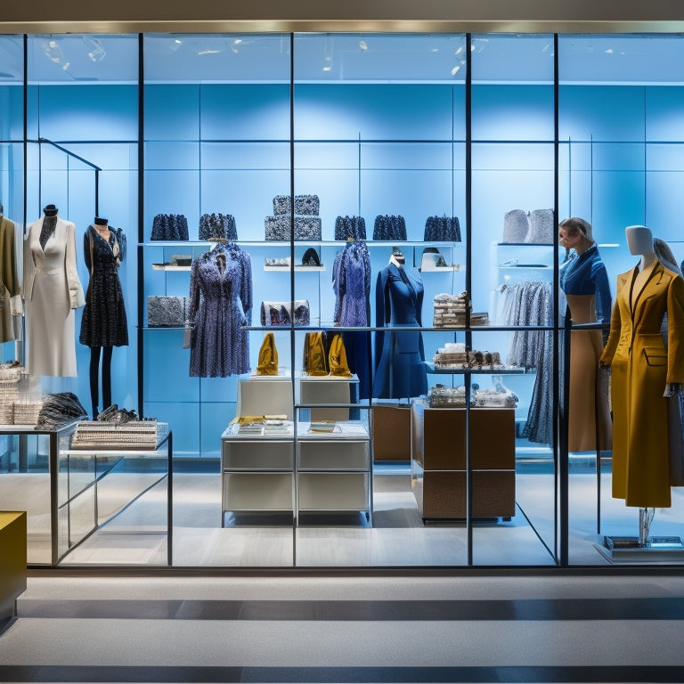 A bustling retail store with sleek, modern shelving, vibrant product displays, and strategically placed mannequins, surrounded by creative lighting and attention-grabbing window displays.