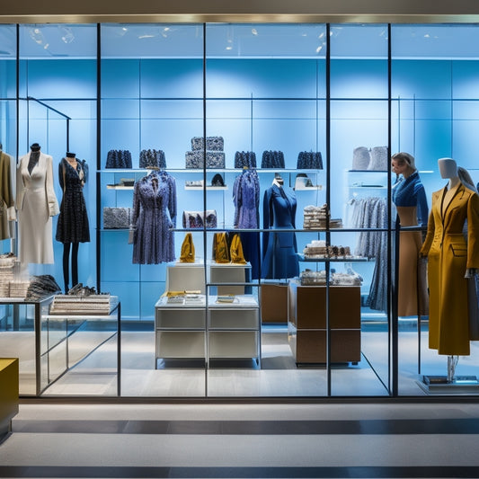 A bustling retail store with sleek, modern shelving, vibrant product displays, and strategically placed mannequins, surrounded by creative lighting and attention-grabbing window displays.