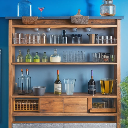 A modern home bar with a DIY storage system featuring a wooden shelving unit, hanging wine glasses, and a pegboard with metallic hooks holding various cocktail tools and accessories.