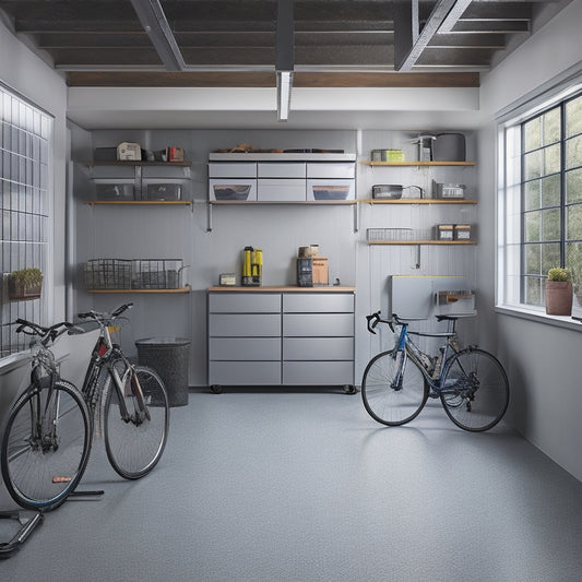 A tidy garage with wall-mounted cabinets in a sleek, silver finish, holding organized tools and storage bins, surrounded by a clean floor and a few bicycles, with natural light pouring in.