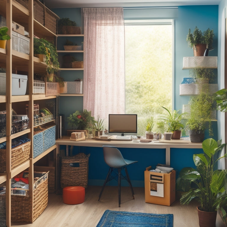 A tidy, well-lit room with a mix of transparent and colorful storage bins, baskets, and shelves, showcasing a perfectly organized closet, desk, and bookshelf, with a few decorative plants.