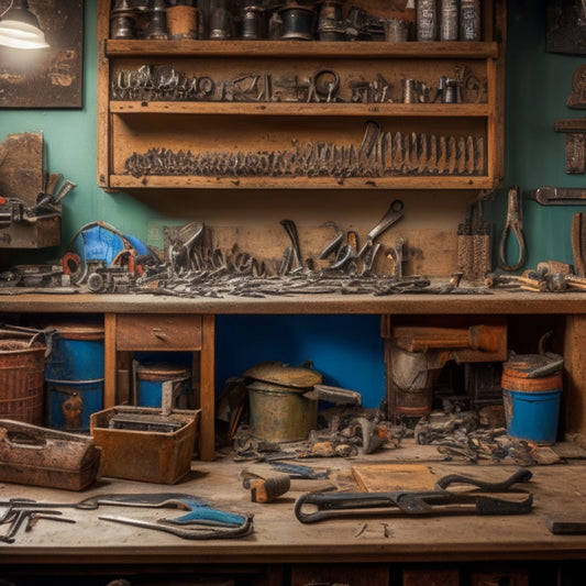 A cluttered workshop with scattered tools and parts, contrasted with a tidy workbench featuring a tool organizer with labeled compartments, holding wrenches, pliers, and sockets in a well-organized arrangement.