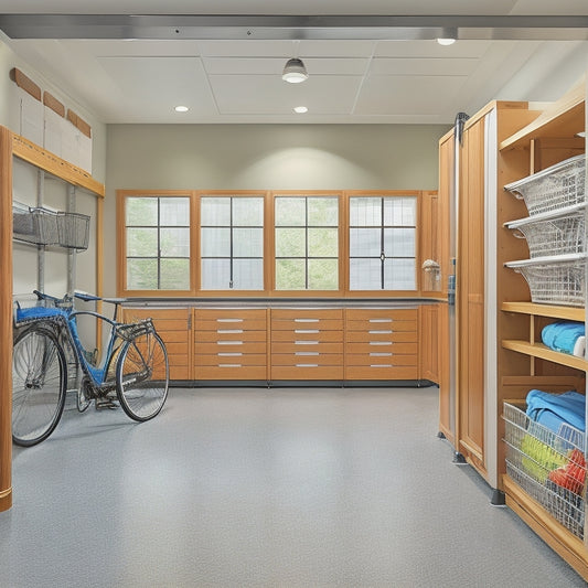 A well-organized garage with a sleek epoxy floor, featuring a slatwall with hooks, bins, and baskets, a workbench with built-in cabinets, and a ceiling-mounted bike rack, all bathed in soft, natural light.