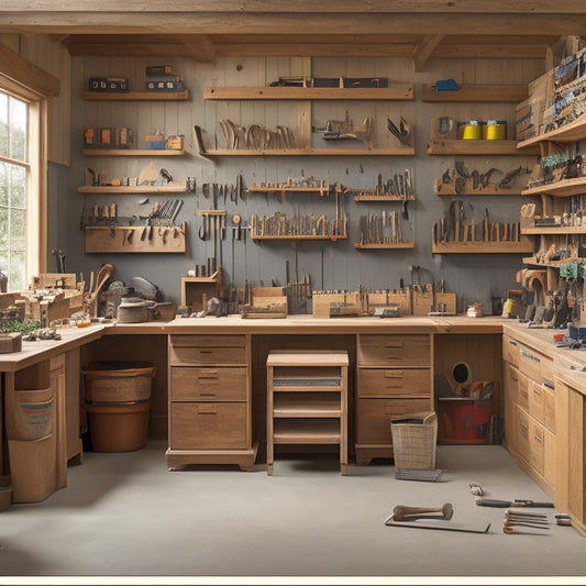 A well-organized woodshop with a large, sturdy workbench at its center, surrounded by neatly labeled tool chests, a pegboard with hanging tools, and a storage system with baskets and bins.