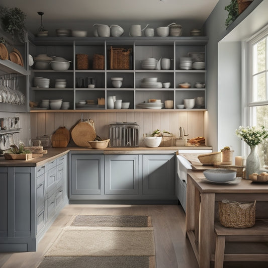 A serene, well-lit kitchen with a wall of floor-to-ceiling cabinets, doors open to reveal neatly arranged dishes, cookbooks, and utensils on adjustable shelves and in woven baskets.