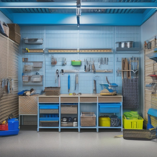 A clutter-free garage with a large, floor-to-ceiling pegboard covered in hooks, bins, and baskets of various shapes and sizes, with a few strategically placed tools and accessories.
