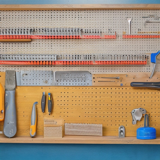 A pegboard with various tools, such as wrenches, pliers, and screwdrivers, organized by type and color, with labels and dividers, against a clean and well-lit wooden or metal background.