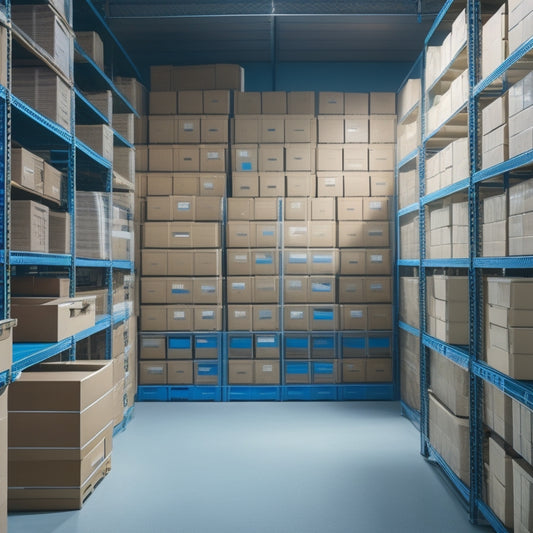A neatly organized storage unit with rows of stacked, labeled storage boxes in various sizes, surrounded by empty space, with a few boxes slightly ajar, revealing packed contents.