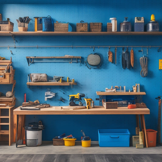 A clutter-free small workshop with a pegboard on the back wall, holding arranged tools and accessories, alongside a compact workbench with labeled storage bins and a sliding tool chest.