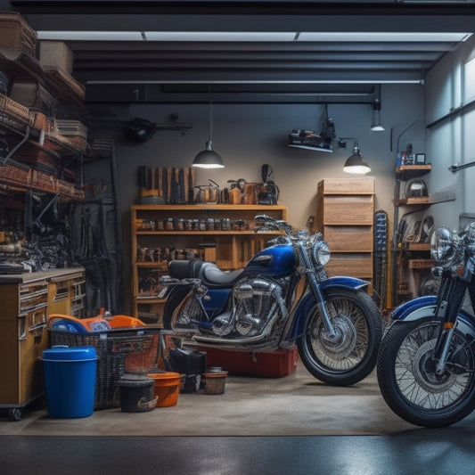 A tidy, well-lit garage with a sleek motorcycle in the center, surrounded by neatly arranged toolboxes, hooks, and baskets, with each tool meticulously organized and easily accessible.