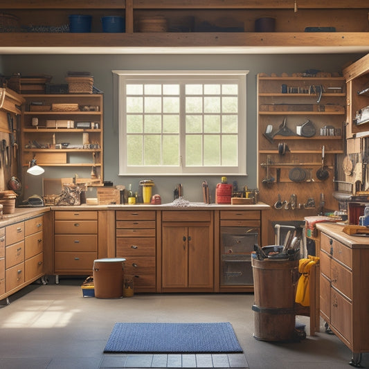 A well-organized garage with wooden cabinets, sliding drawers, and a workbench, surrounded by various tools and equipment, with a hint of natural light and a clean, clutter-free atmosphere.