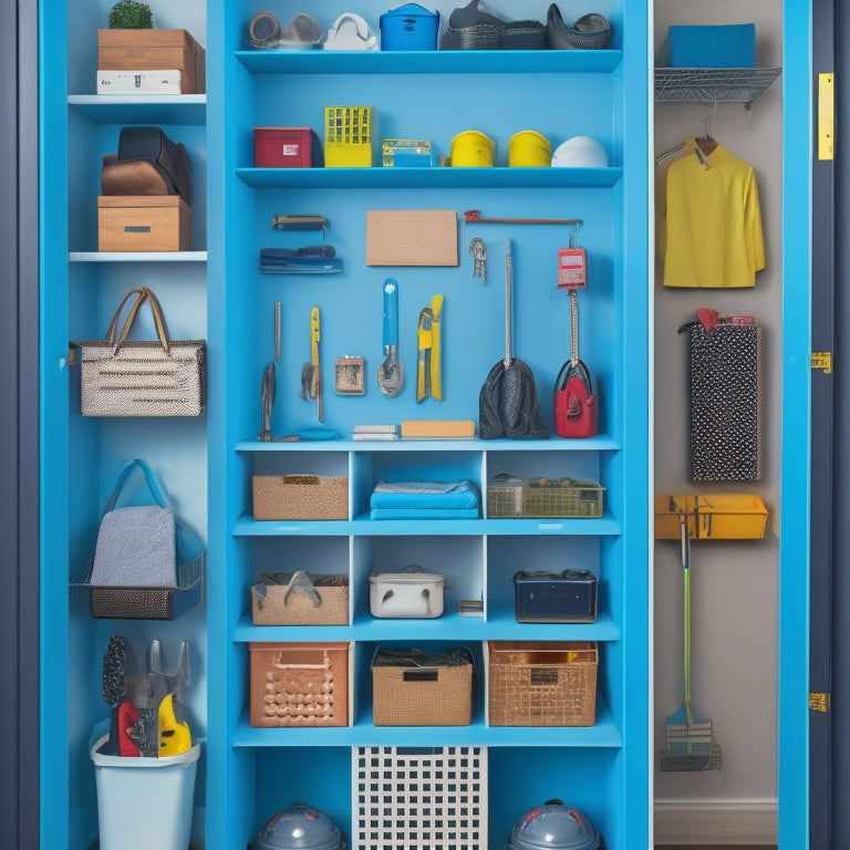 A tidy, compact closet with a pegboard on the back of the door, holding a variety of tools and accessories, surrounded by stacked crates and bins labeled with small icons.