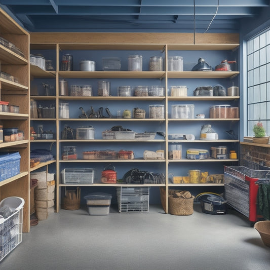 A well-organized garage interior with wall-mounted shelves in various sizes and styles, showcasing adjustable brackets, sturdy metal frames, and storage bins and baskets of different materials and colors.