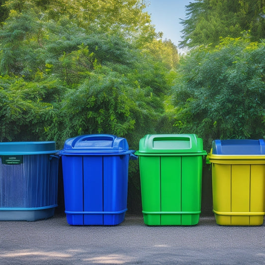 A colorful arrangement of variously shaped and sized plastic recycling bins, some with transparent bodies and colorful lids, amidst lush greenery and a subtle background of recyclable materials.
