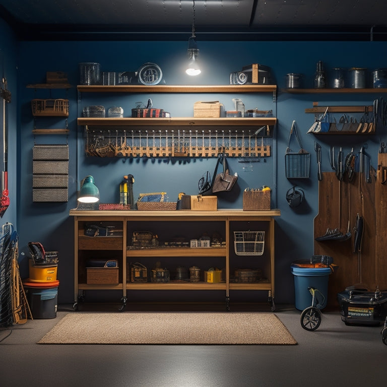 A well-organized garage interior with a pegboard covered in hanging tools, a slatwall with bins and baskets, and a workbench with a vice and built-in cabinets, all illuminated by LED lighting.